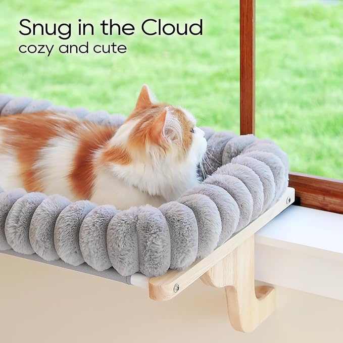 Cat Perch for Window Sill with 4-Sided Bolster - Orthopedic Cat Window Hammock - Solid Hardwood & Metal Frame - Window Seat for Pets (Natural Color Wood w/Gray Bed, Medium)