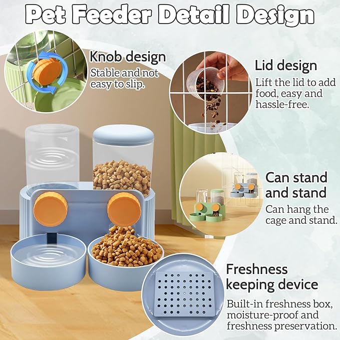 kathson Automatic Rabbit Food and Water Dispenser for Cage, Auto Gravity Bunny Feeder and Water Set Hanging Small Animal Feeding & Watering Supplies for Guinea Pig Ferret Puppy Kitten (Blue)