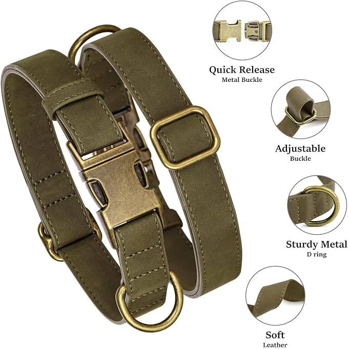 Didog Soft PU Leather Dog Collar, Stylish Quick Released Dog Collars for Medium Dogs, Easy Clean Adjustable Pet Collar for Daily Walking, Dark Green, M Fit 13-21" Neck