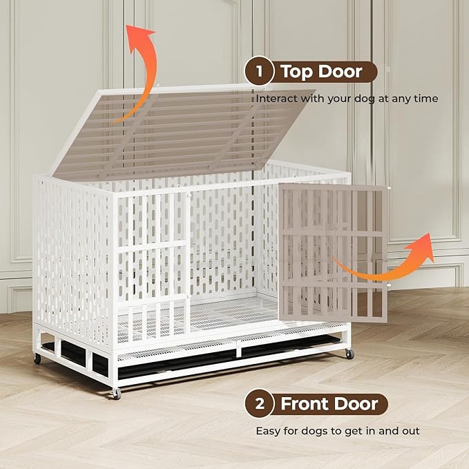 48 Inch Heavy Duty Indestructible Dog Crate Steel Escape Proof, Indoor Double Door High Anxiety Cage, Kennel with Wheels, Removable Tray,White,Extra Large XL XXL