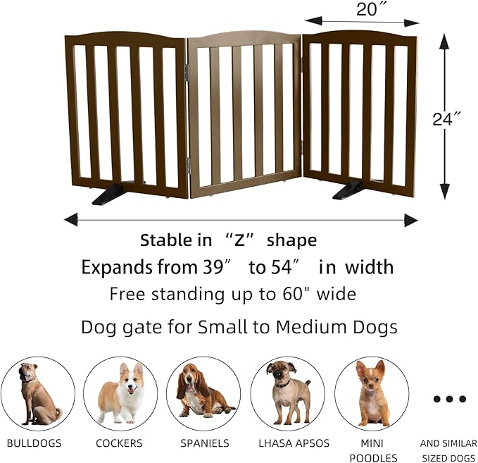 ZJSF Foldable Freestanding Indoor Dog Gate for House Wood Long Pet Gates Dog Fence for Stairs Puppy Gates for Hallways, Puppy Gate,Support Feet Included, Brown, 24 "Height-3 Panels