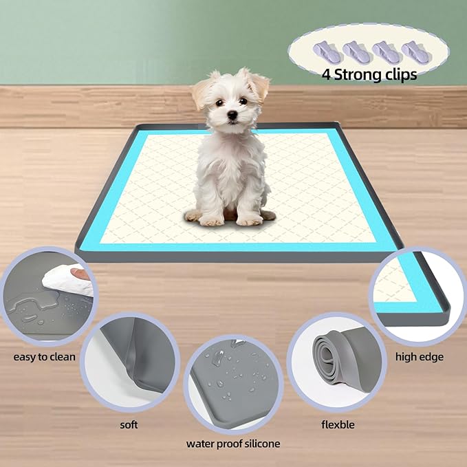 Pee Pad Holder for Dogs, Puppy Pad Tray for 24" x 24" Dog Training Pads, No Spill Silicone Mat with 4 Holder Clamps, Non-Slip Square Puppy Potty Training Tray for Indoor Floor Protection