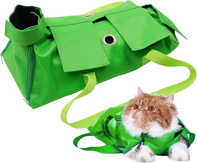 Kukaster Pet Cat’s Restraint Bag for Claw Care Nail Trimming Anti-Scratching Grooming Bag for Cats Medical Examination(Green-l)