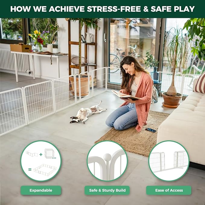 FXW Homeplus Unleashed Indoor Dog Playpen - Stress-Free and Safe Play, Heavy Duty 24 Inch 8 Wire Panels Dog Pen for Puppy and Small Dogs, White│Patented