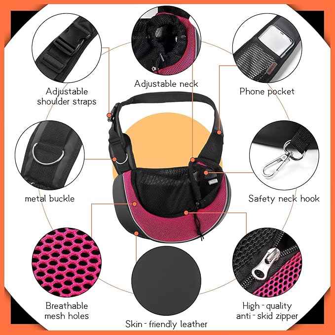 YUDODO Pet Sling Carrier for Small Dogs & Cats – Hands-Free Puppy Carrier with Safety Hook, Large Zipper Pocket, Soft Breathable Mesh, Adjustable Strap & Reflective Strip (Pink 3.0 M)