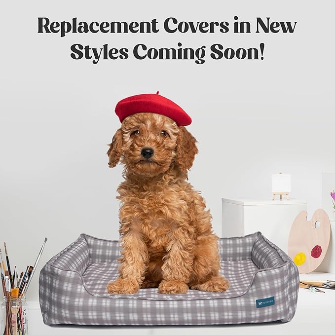 Orthopedic Bolster Dog Bed – CertiPUR-US Foam, Recycled Polyester Canvas, Washable Cover, Anti-Slip Bottom, Medium, Grey Plaid – Stylish Designer Dog Sofa