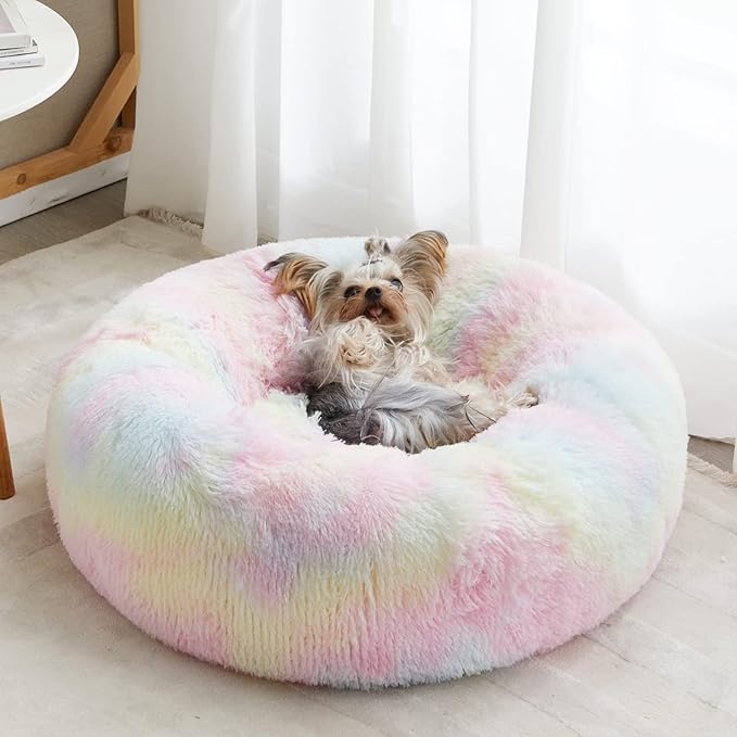 WNPETHOME Calming Dog Bed Cat Bed Donut, Faux Fur Pet Bed Self-Warming Donut Cuddler, Comfortable Round Plush Dog Beds (30 x 30 x 10 Inch, Rainbow)