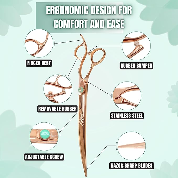 Kenchii Rose Dog Grooming Scissors, 9 Inch Curved Shears, Dog Scissors for Grooming, Ergonomic Design for Comfort and Precision, Heavy Duty, Durable and Sharp