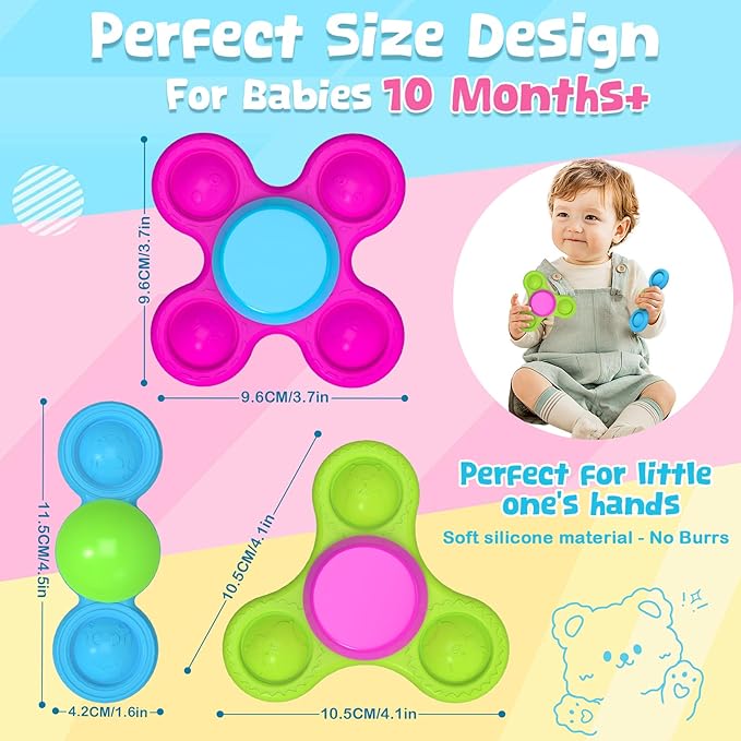 Spinner Toys for Babies, 3PCS | Suction Cup Spinner Toy for 1 2 Year Old Boys Girls | Suction Spinners Baby | Baby Toys 12-18 Months | Sensory Toy for Toddlers 1-3 (Cute Animals)
