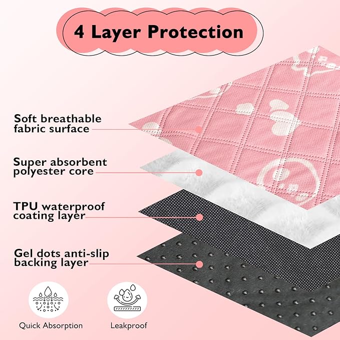 4 Pack Guinea Pig Bedding - Washable Guinea Pig Cage Liners, Waterproof Reusable & Anti Slip Pee Pads Super Absorbent Mats for Small Animals Pet Rabbit Bunny Hamster Rat (Pink, 24 x 18 Inch)