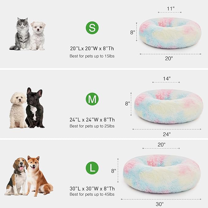 Love's cabin Calming Cat Bed for Indoor Cats,Anti-Anxiety Donut Round Dog Bed,Fluffy Faux Fur Washable Pet Bed for Small Medium Dogs and Cats,Rainbow,20in