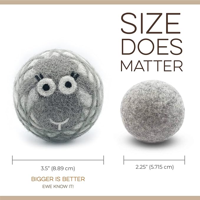 Fluff Ewes Wool Dryer Balls 3 Pack Premium New Zealand Wool Laundry Balls for Dryer, No Static Dryer Balls Laundry Reusable Cute - XL Wool Dryer Balls Cute, Baby Dryer Balls for Dryers - Lights
