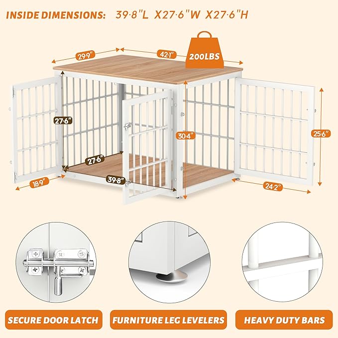 42 Inch Heavy Duty Dog Crate Furniture for Large and Medium Dogs, Decorative Pet House End Table, Wooden Cage Kennel Furniture Indoor, Natural and White