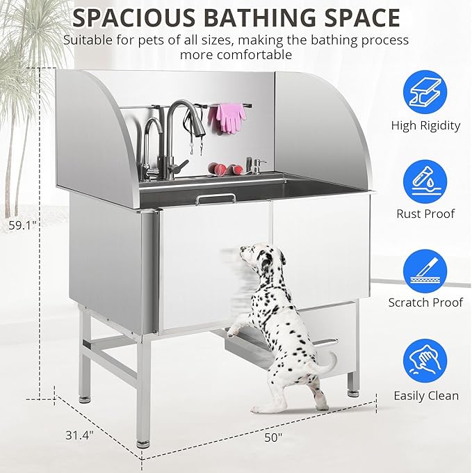 Professional Dog Grooming Tub, 50" Stainless Steel Dog Wash Station with Foldable Ramp, Storage Drawer, Floor Grate & Faucet/Dog Bathtub for Large, Medium & Small Pets - Left Door (50")