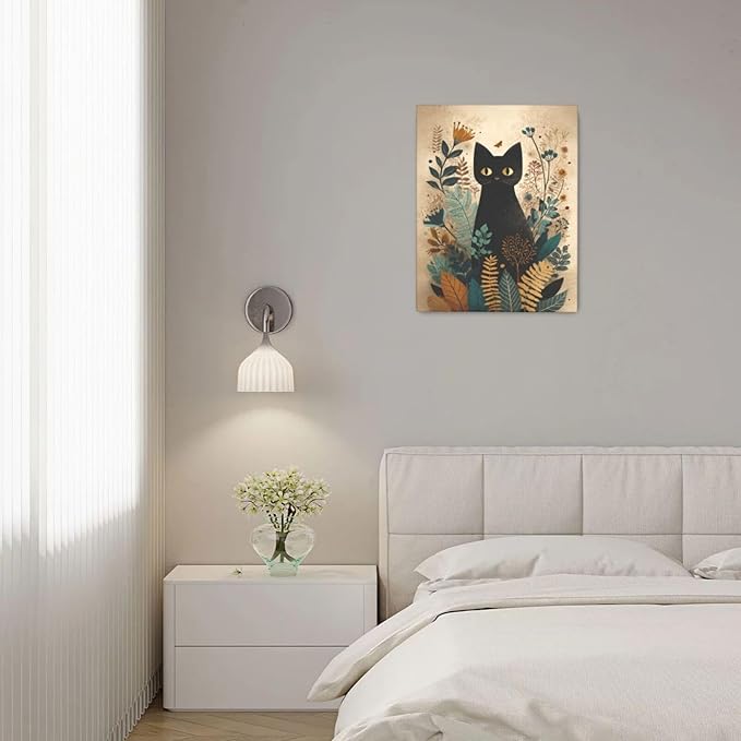 Boho Black Cat Wall Art Kitten Botanical Wall Decor Mid Century Modern Canvas Painting Print Minimalist Pictures Artwork Framed Decorations Gifts for Cat Lover Bathroom Nursery Living Room Bedroom Kitchen 16"x20"