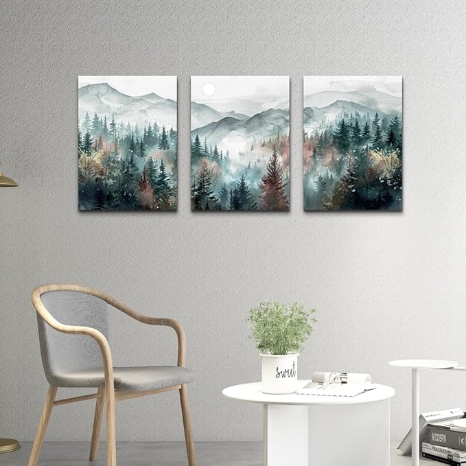 TTHYUEWS Wall Art For Living Room Farmhouse Wall Decor For Bedroom Wall Pictures for Office Fog Forest Mountain Landscape Watercolour Wall Paintings Artwork Ready To Hang Home Decorations 3 Piece