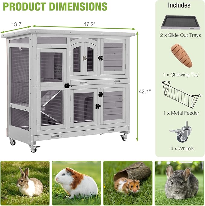 GUTINNEEN Large Rabbit Hutch Indoor with Chew-Proof Ramp, 47" Wooden Bunny Cage Guinea Pig Cages with Casters, Leak-Resistant Trays for Rabbits, Guinea Pigs, Small Animals