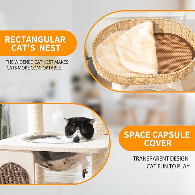 Modern Cat Tree for Indoor Cats with Sisal Rope Scratching Posts, Hand-Woven Cat Condo & Top Perch, Space Capsule Cats Nest, Cute Cat Tree with Interactive Cat Toy