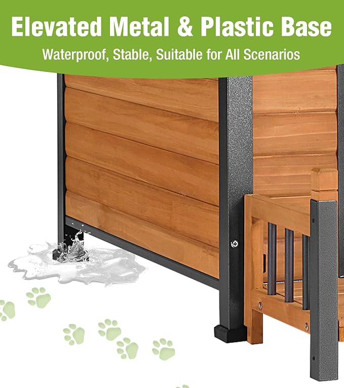 Large Dog House Outdoor Weatherproof with Porch, All-Metal Frame Chew-Proof Dog Kennel with Asphalt Roof, for Small Medium Large Dogs