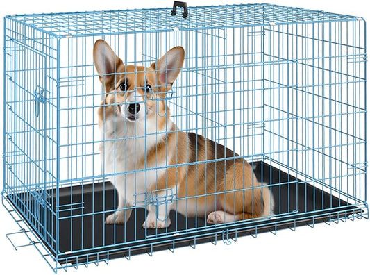 FDW Dog Crate for Medium Dogs 30 Inch Folding Metal WirePet Cage Double Door W/Divider Panel Indoor Outdoor Kennel Leak-Proof Plastic Tray,Blue