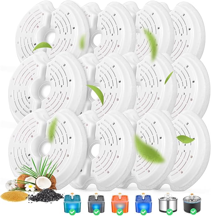 Cat Water Fountain Filters for 84oz/2.5L Stainless Steel Pet Fountain and 67oz/2.0L Plastic Cat Drinking Fountain, 12 Pack Pet Replacement Filters Set