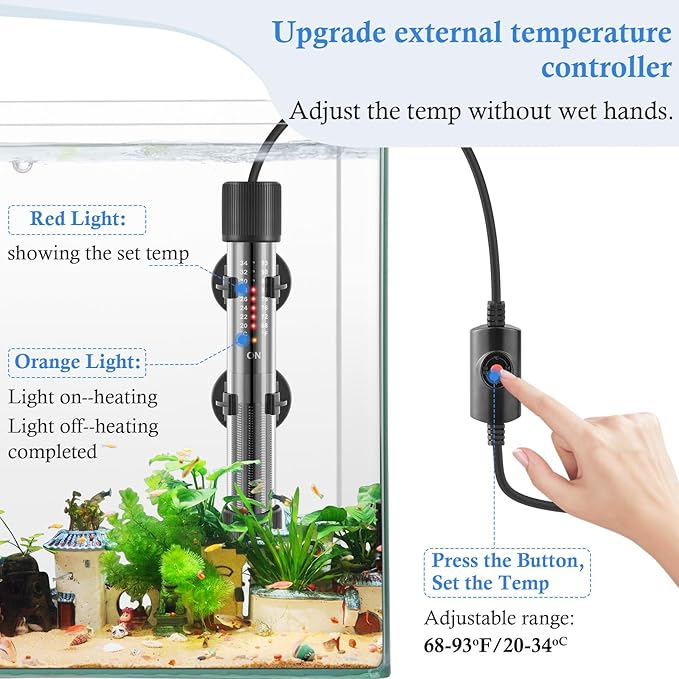 HITOP Thickened Glass Aquarium Heater: 50W 100W 300W Upgraded Fish Tank Heater with Controller, Fish Tank Thermostat Heater for Seawater/Fresh Water 5-65Gal