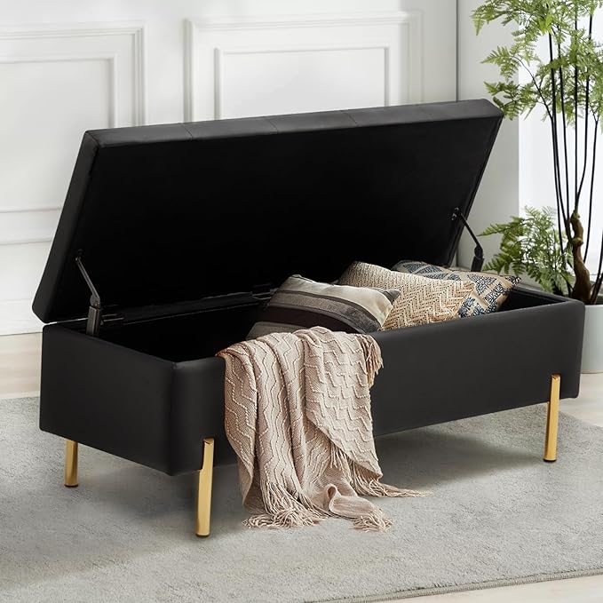 45.6 Inch Velvet Storage Ottoman, Rectangular Accent Bench for Bedroom & Living Room, Black
