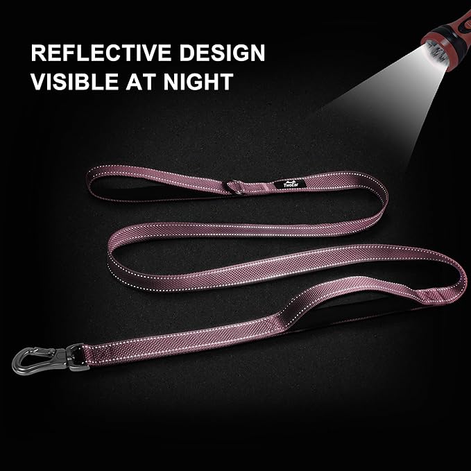 TwoEar 5FT 1IN Strong Pink Dog Leash with 2 Padded Handles, Traffic Handle Extra Control, Comfortable Soft Dual Handle, Auto Lock Hook, Reflective Walking Lead for Small Medium and Large Dogs