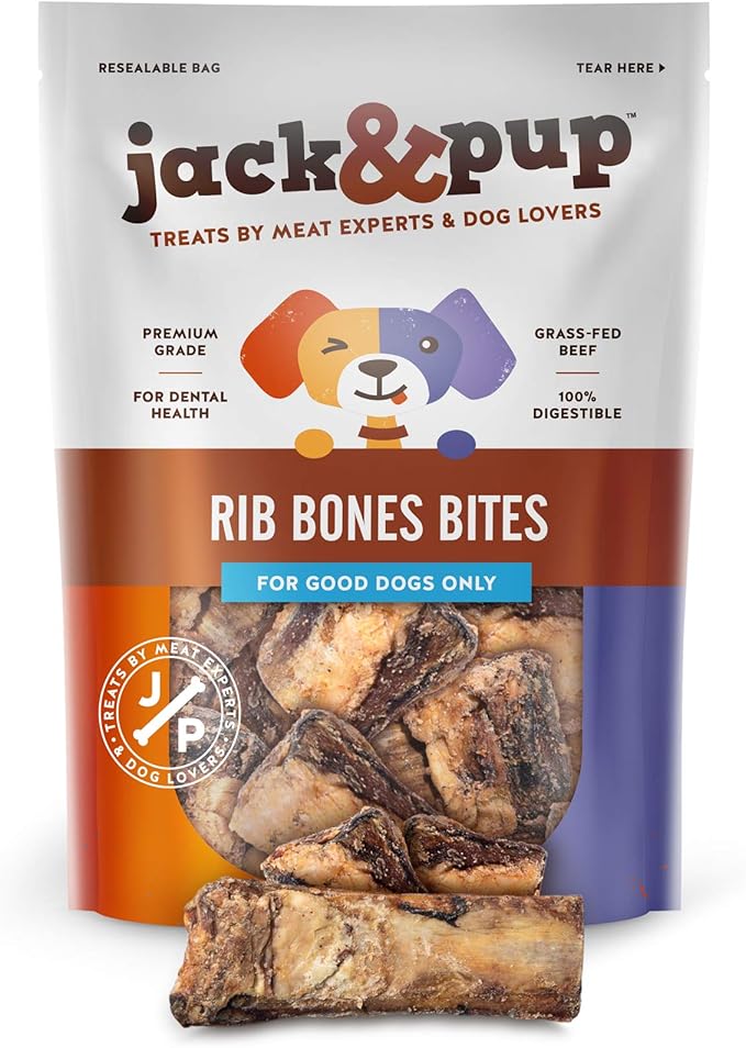 Jack&Pup Rib Bones for Dogs, All Natural Beef Bones for Dogs, Single Ingredient Bone Marrow, Dog Rib Bone Bites (24 Oz Bag)