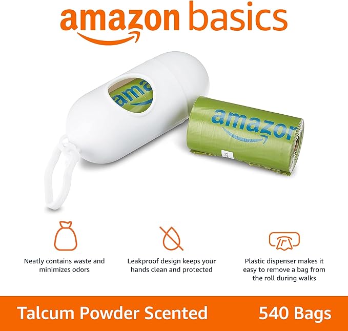 Amazon Basics Dog Poop Bags with Dispenser, 540 Count, Enhanced for Guaranteed Leakproof, Talcum Powder Scented, Includes Leash Clip