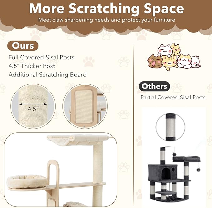 Tangkula Wood Cat Tree for Indoor Cats, 55 Inch Multi-Level Cat Tower Activity Center with Hammock, Cat Condo, Sisal Scratching Posts & Washable Cushions, Modern Cat Tree Houses for Large Cats