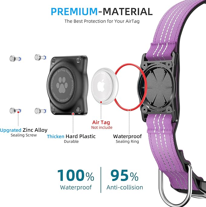 Upgraded AirTag Dog Collar, IP68 Waterproof Air Tag Dog Collar Holder, Reflective, Ultra-Durable, Comfortable Padded, Heavy Duty Dog Collars for Small Medium Large Dogs (L (14.8"-20.3"), Purple)