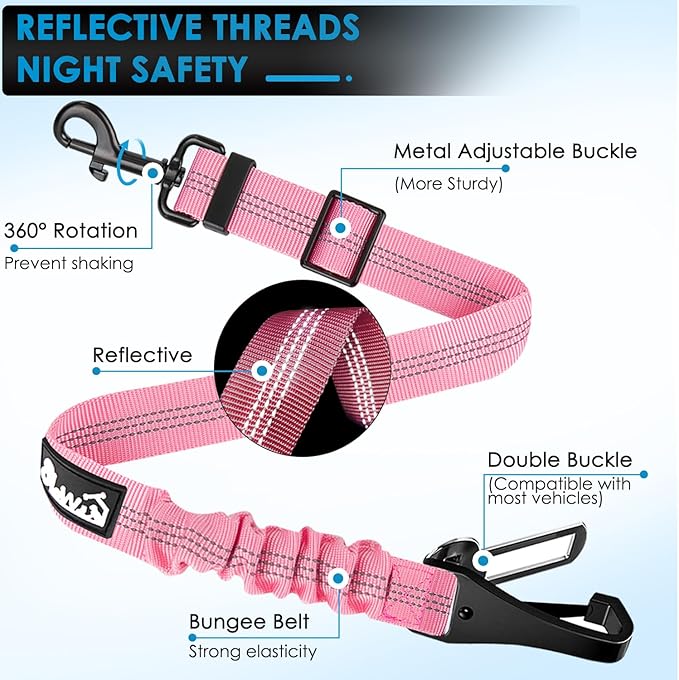 Lukovee Dog Seatbelt Leash for Cars, 2 Pack Pet Safety Seat Belt with Adjustable Buckle & Reflective Bungee, Connect Dog Harness in Vehicle Dogs Restraint Travel Daily Use (Pink)