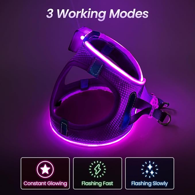 PceoTllar Light Up Dog Harness, LED No Pull Reflective Dog Harness, Flashing Lighted for Night Walking - Small/Medium, (Purple,L)