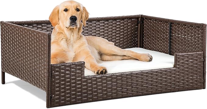 YITAHOME Rattan Dog Sofa Bed with Cushion,Wicker Pet Bed Sofa Couch Indoor Outdoor Waterproof for Large Medium Small Dogs Cats (38.6''L*26.4''W*15''H,Beige)