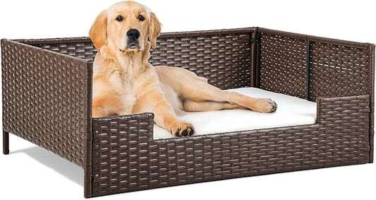 YITAHOME Rattan Dog Sofa Bed with Cushion,Wicker Pet Bed Sofa Couch Indoor Outdoor Waterproof for Large Medium Small Dogs Cats (38.6''L*26.4''W*15''H,Beige)