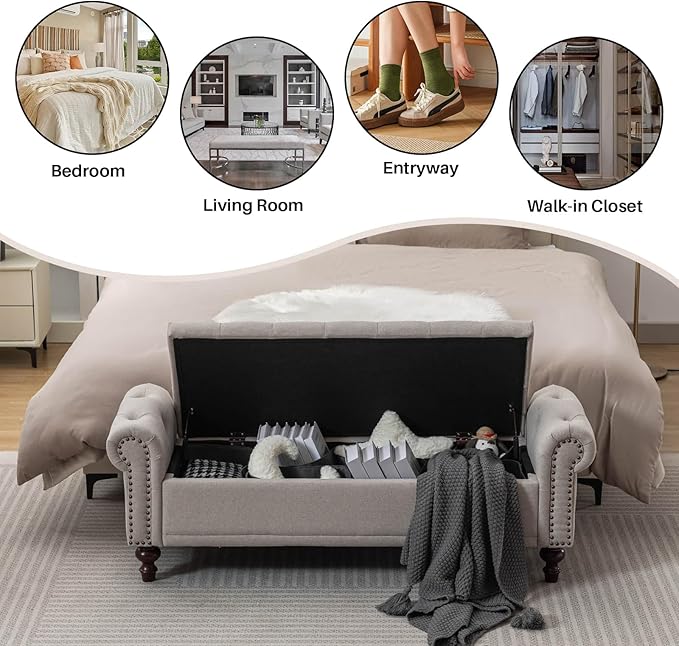 58.1'' Storage Bench Upholstered Linen End of Bedroom Bed Bench Ottoman with Tufted Cushioned Rolled Arm Large Storage Space for Reading Living Room Entryway, Light Brown