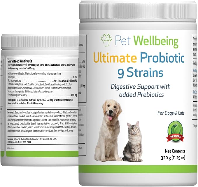 Pet Wellbeing Ultimate Probiotic 9 Strains for Dogs & Cats - Supports The Gut Microbiome and Digestion, Immune System Care, Urinary Tract Health, FOS, 2.5 Billion CFU - 11.29 oz (320 g) Powder