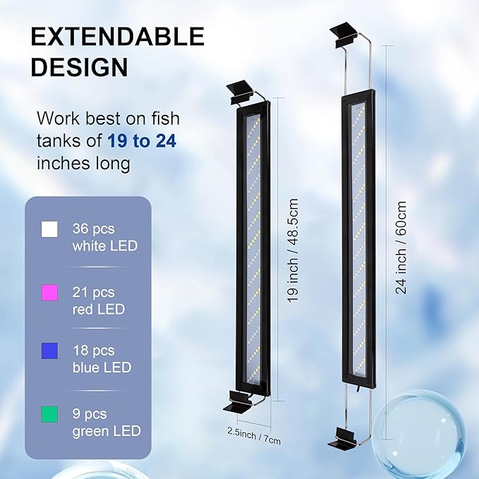 Led Aquarium Light, Full Spectrum Fish Tank Lights, 10/20 Gallon Freshwater Fishtank Hood Lighting for Grow Fish, Plants, Adjustable from 19 to 24 Inch