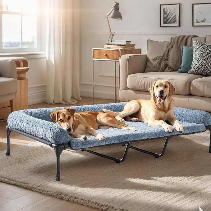 Veehoo Cooling Elevated Dog Bed Add Removable Deluxe Rose Plush Bolster Cushion Mat, 59" x 37" Washable Dog Couch Bed, Raised Pet Cot with Breathable Teslin Mesh, No-Slip Feet, Haze Blue, CWC2439B