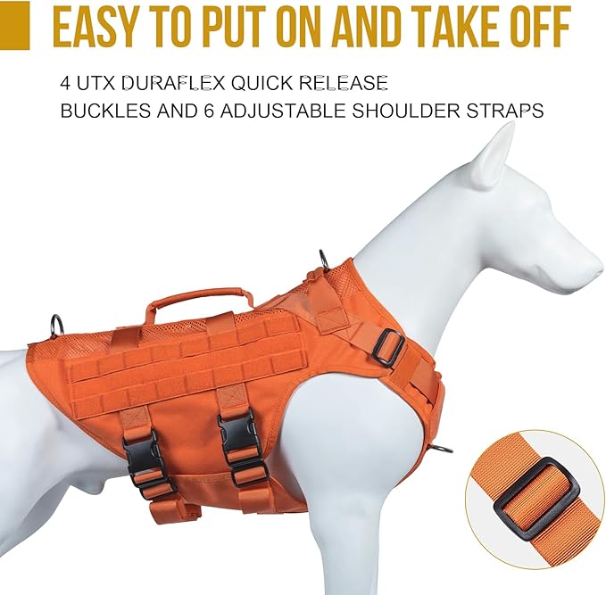 OneTigris Tactical Dog Harness for Small Dogs, No Pull Small Dog Vest Harness Breathable Military Dogs Molle Vests with Handles, Harness for Walking Hiking Training (Orange, XS)