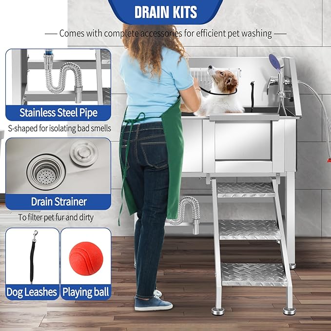 Professional Dog Washing Station, Stainless Steel Dog Bathing Station, Dog Wash Station, Storage Drawer, Upgrade Parts, Home, Commercial,34" R-RAMP