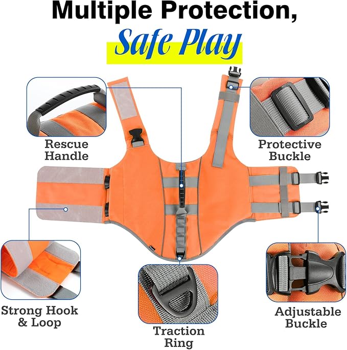 Pawaboo Dog Life Jacket, Reflective Dog Safety Vest Adjustable Pet Life Preserver with Strong Buoyancy & Sturdy Rescue Handle, Ripstop Dog Lifesaver Vests for Swimming, Boating, XL, Orange