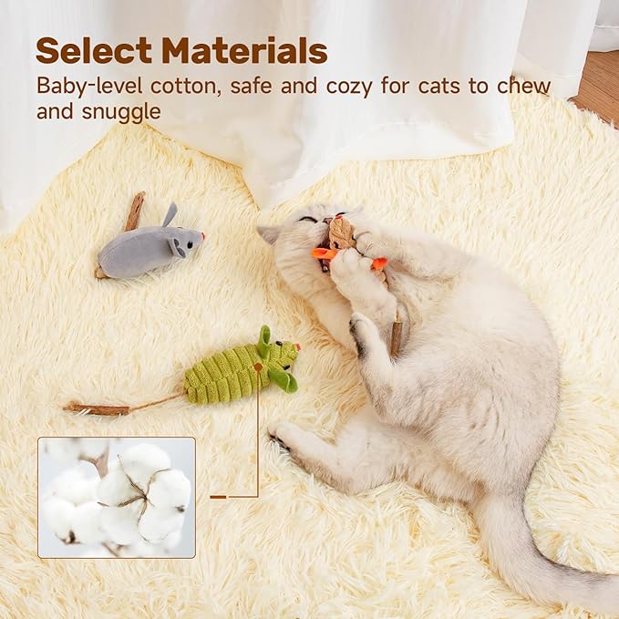 Potaroma Cat Toys: 3pcs Squeak Mice Interactive Catnip Silvervine Animals for Indoor Kittens - Dental Matatabi Cat Nip & Chew Exercise Toy for All Breeds & Species