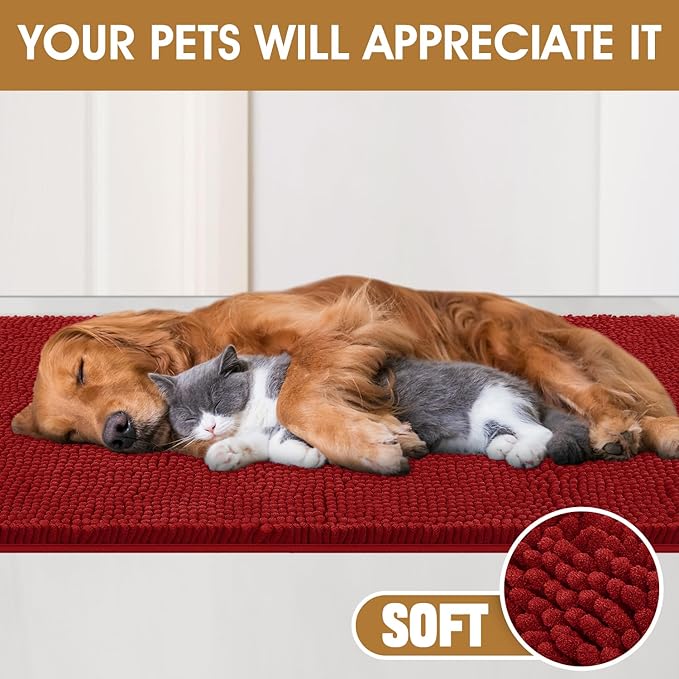 IM HOME 48" x 38" Red Dog Door Mats for Muddy Paws, Chenille Absorbent Dog Mat, Non Slip Heavy Mud Mat for Dogs, Soft Pet Bed Mat for Entryway, Mud Paws, Inside Floor