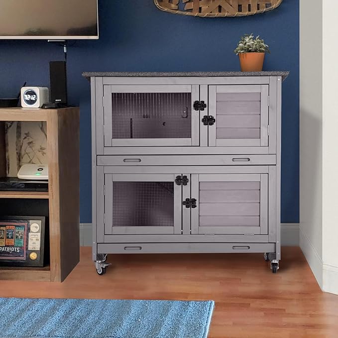 Rabbit Hutch Bunny Cage, Guinea Pig Cage Bunny Hutch Indoor, Wood Pet Cage with 4 Casters -2 Story & 2 Trays