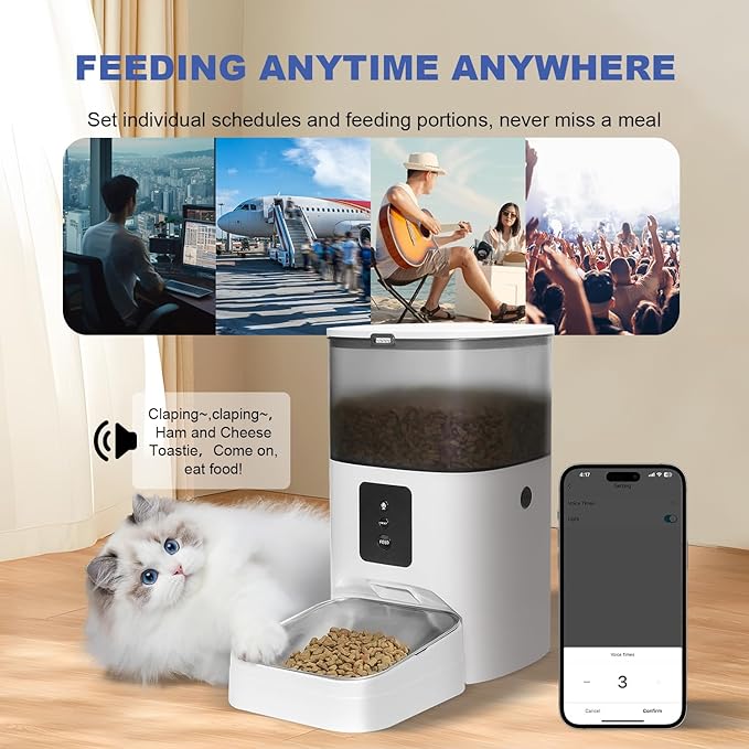 2.4G WiFi Automatic Cat Feeder, 4L Food Dispenser with 10s Voice Recorder, Pet Feeder up to 10 Meals per Day, Timed Cat Feeder with Dry Food Sealed Ring (White, 4L-WiFi)