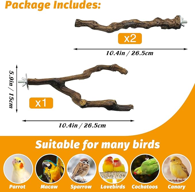 kathson 3pcs Natural Parrot Perch for Cage Wooden Bird Perches Grape Bird Stick Parakeet Climbing Standing Branches Toy Chewable Cage Accessories for Small Budgies Cockatiels Lovebirds Budgies