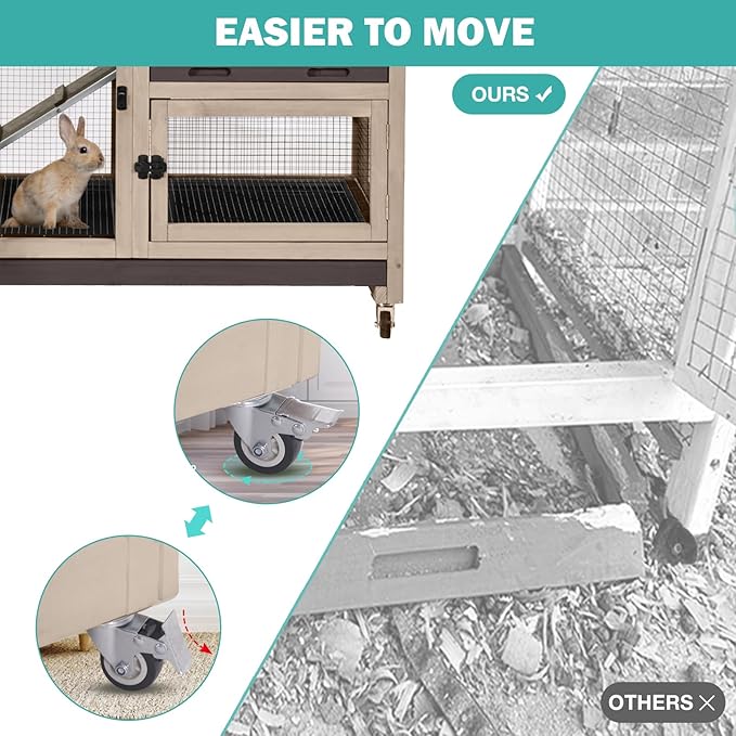 Rabbit Hutch Indoor for 2-4 Rabbits & Guinea Pigs，Bunny Cage with Slide-Out Plastic Trays，Wooden Small Animal Cage for Rabbits, Bunnies, and Guinea Pigs (Dark Brown)