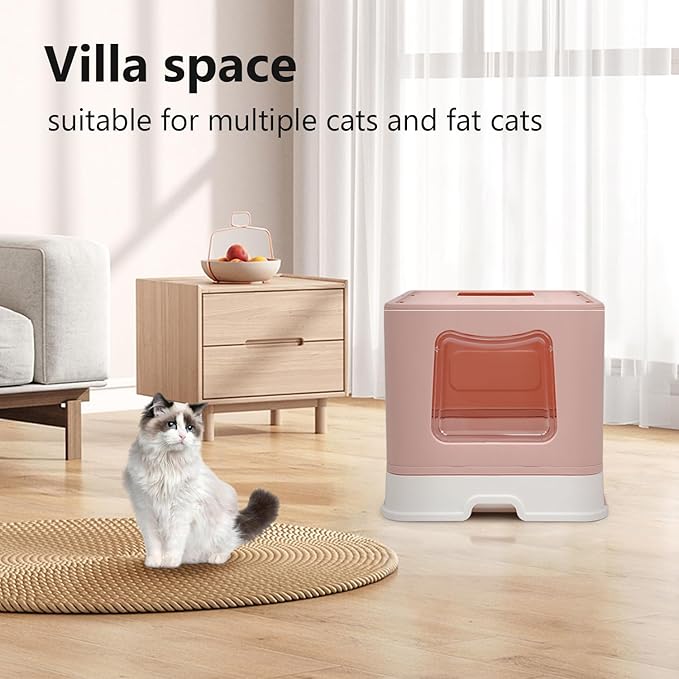 XL Foldable Cat Litter Box with Lid - Jumbo Enclosed Potty - Top Entry Anti-Splashing Toilet - Includes Scoop & 2-in-1 Cleaning Brush (Pink)